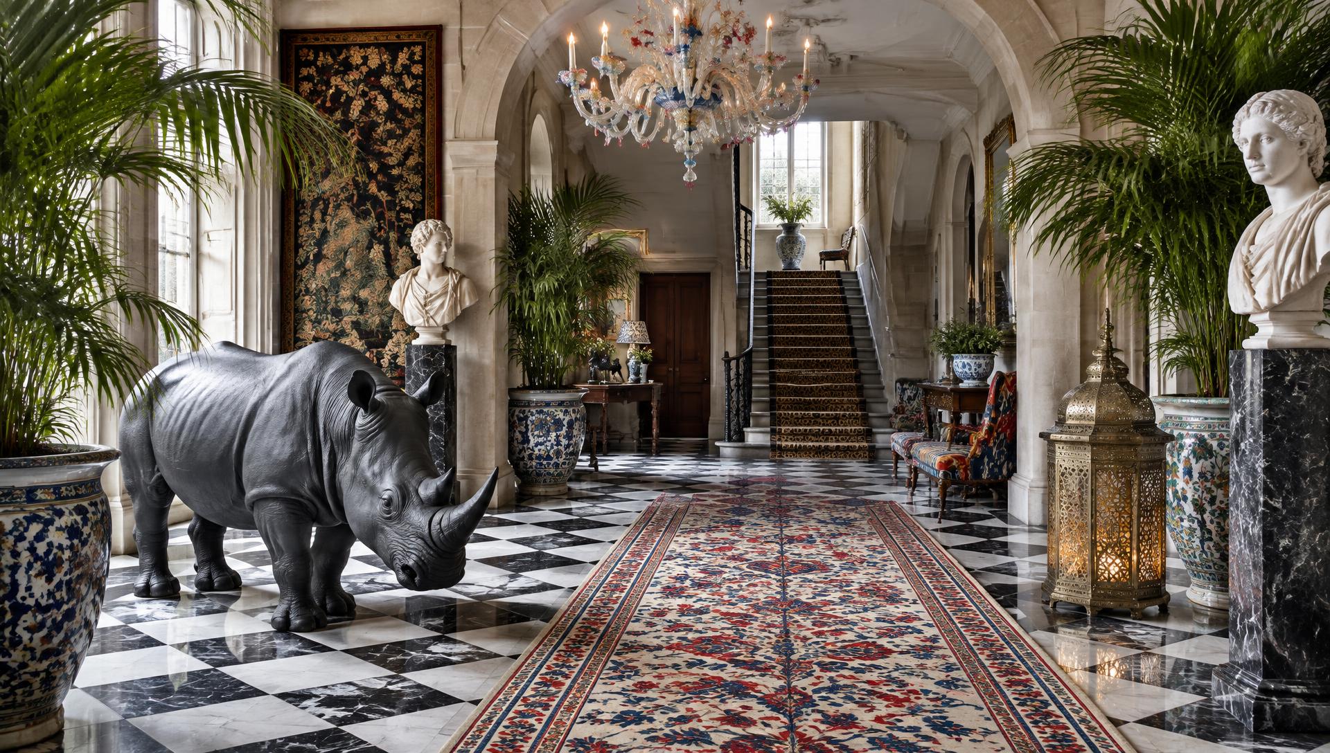 A marble hall with a sculpted rhinoceros, classical busts, palms and a Venetian chandelier.