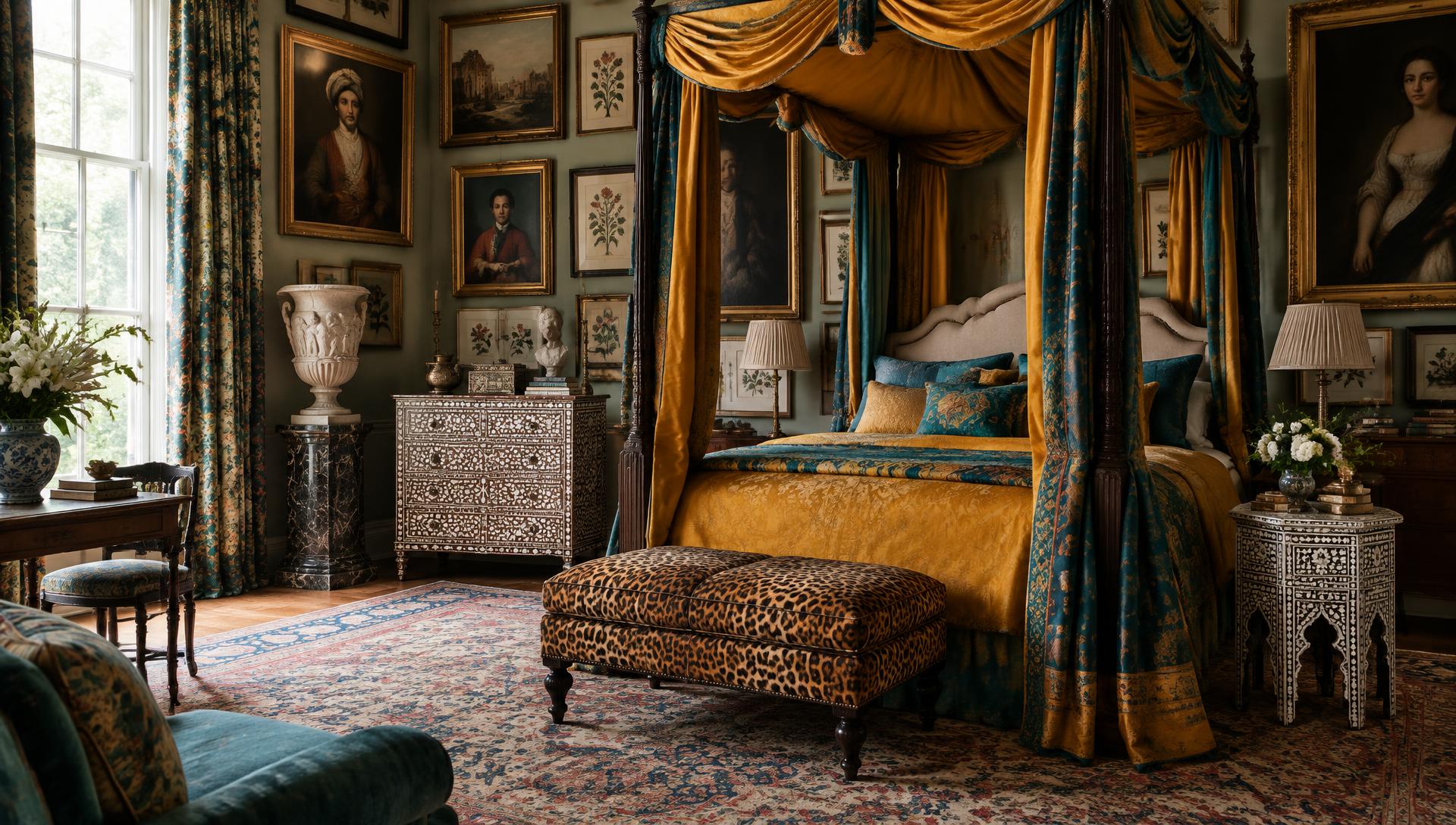 A four-poster hung in saffron and teal silk, with portraits hung salon-style and mother-of-pearl furniture.