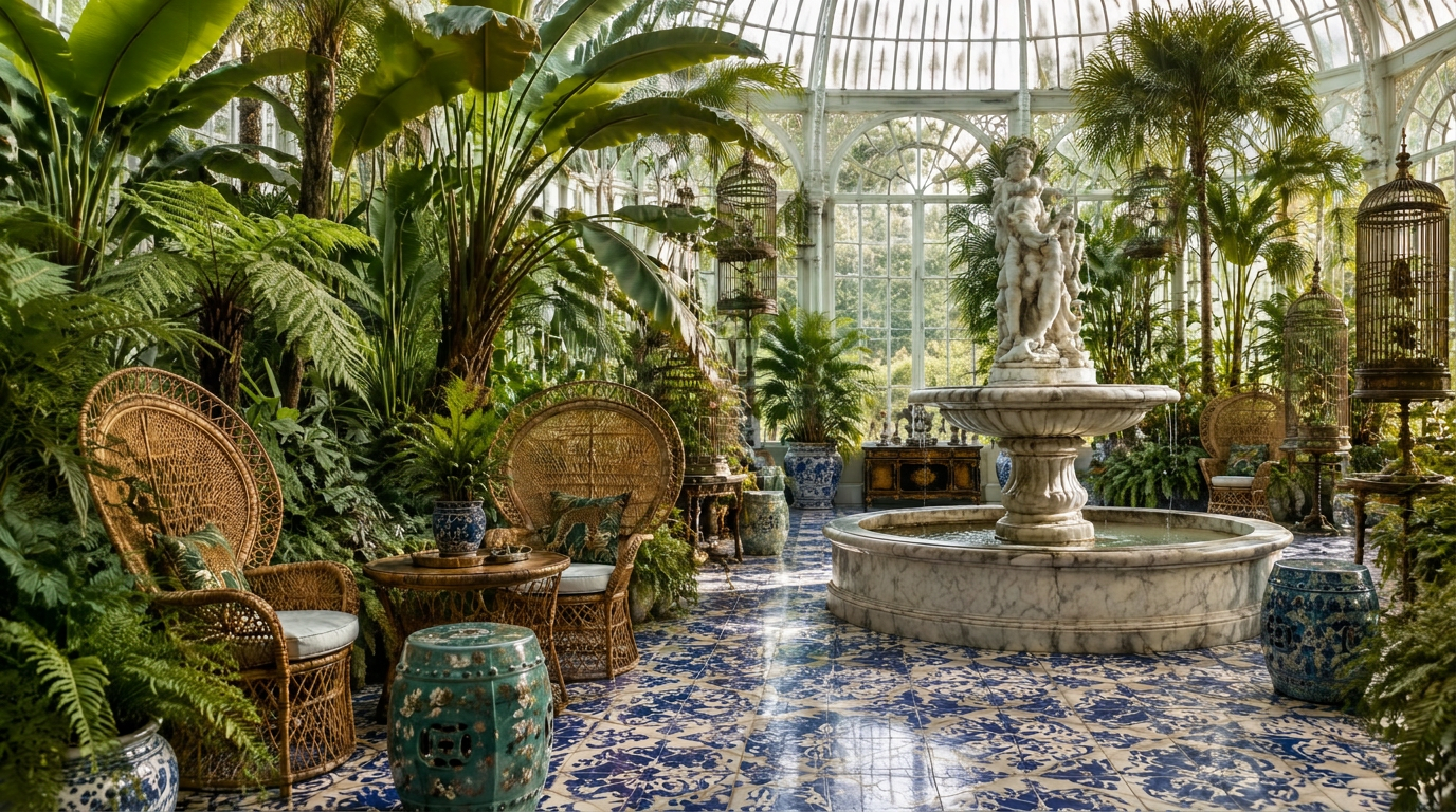 A glass orangery with palms, peacock chairs, birdcages and a marble fountain on blue tiles.