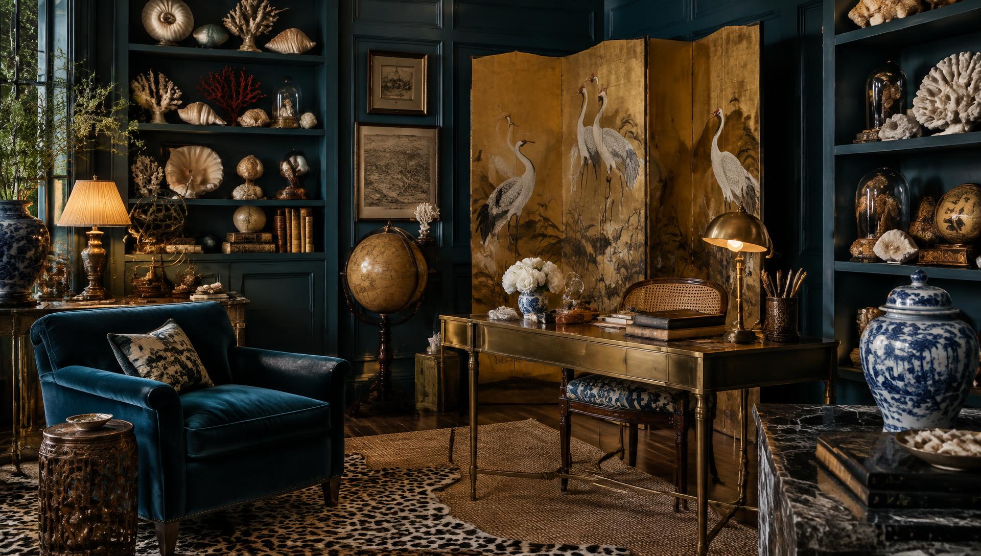A teal study of shells, coral and globes, with a gold screen painted with cranes.