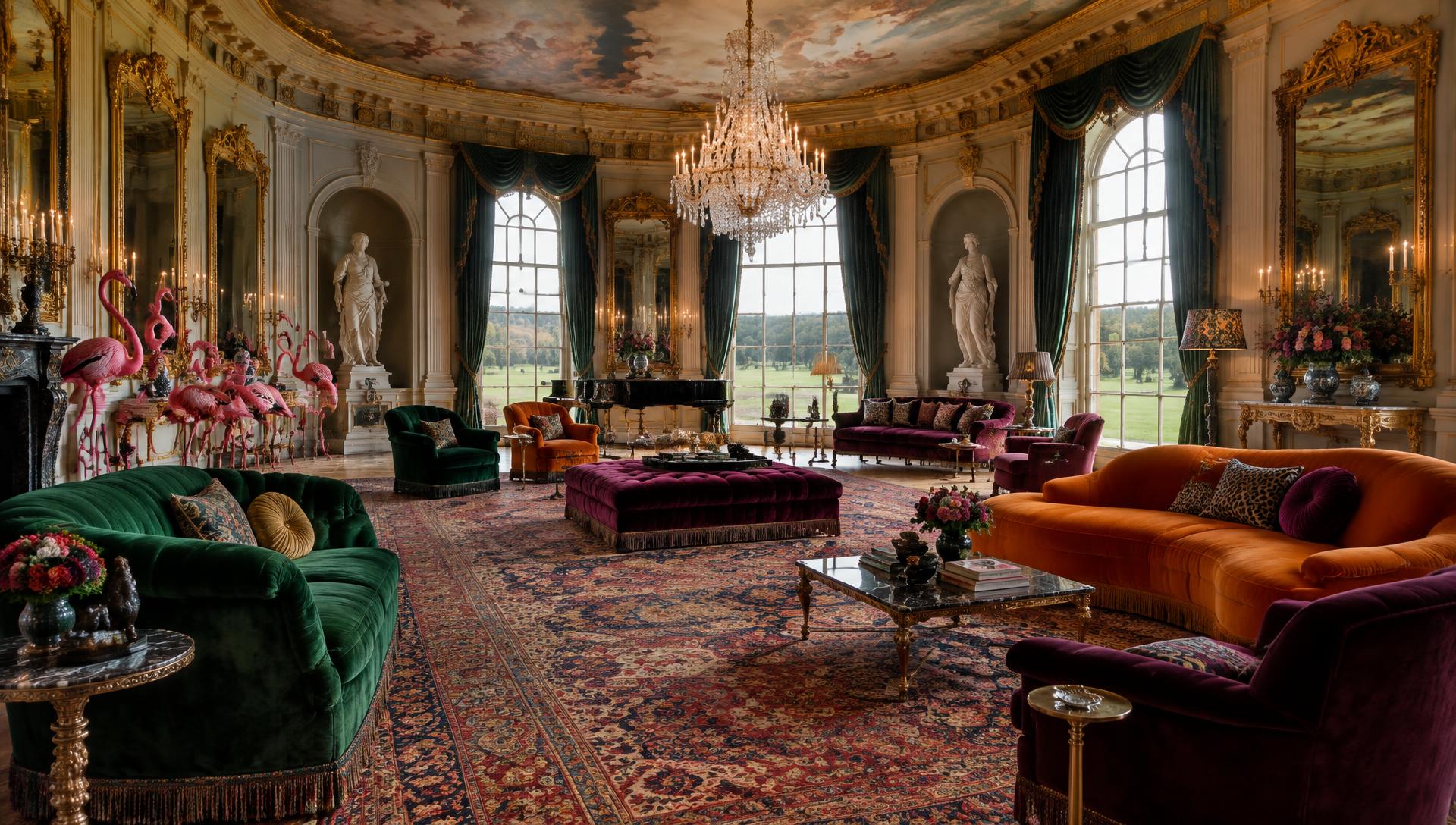 A Palladian saloon with painted ceiling, marble statues, pink flamingos and velvet sofas in jewel colours.