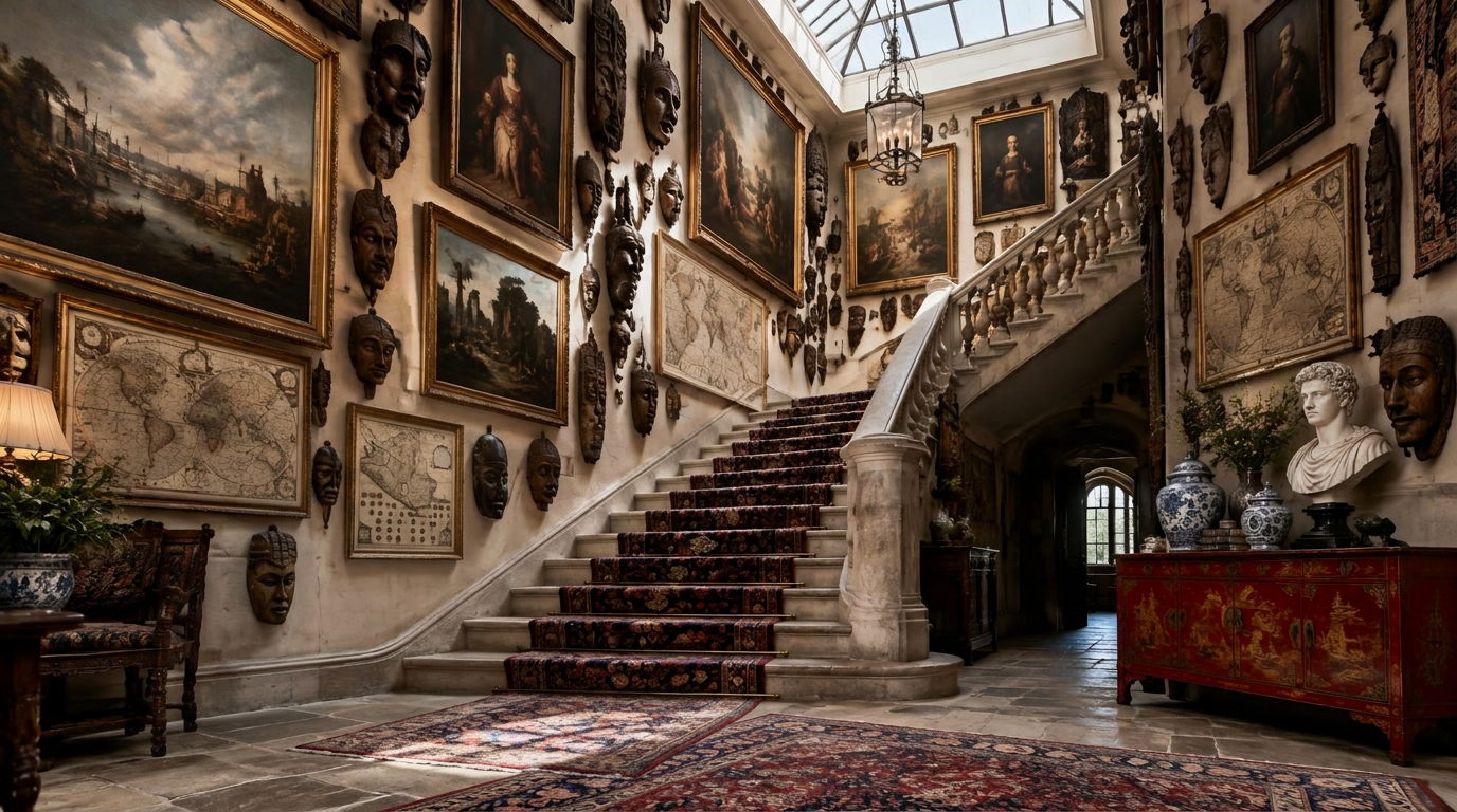 A stone staircase hung with maps, masks and old masters, a lacquer console at its foot.