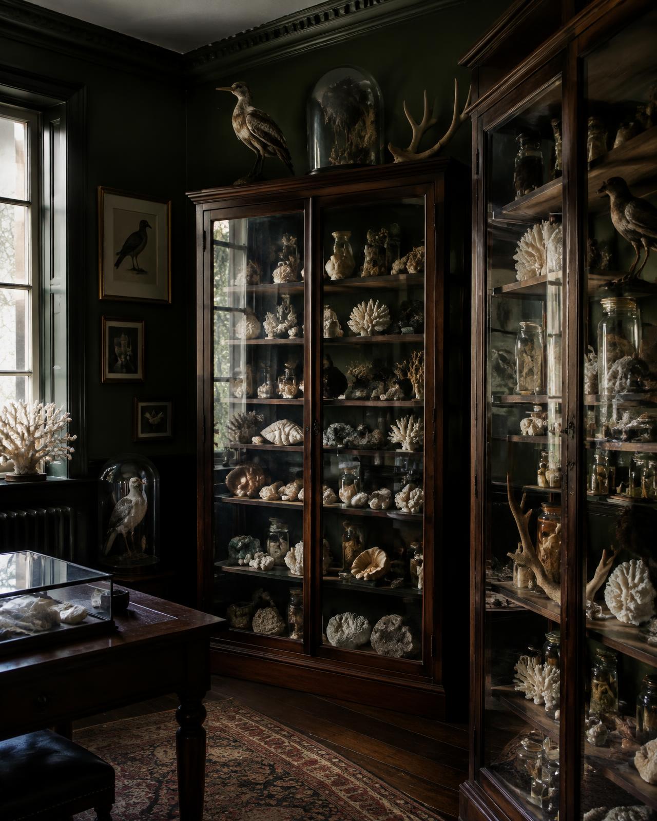 Glazed mahogany cabinets of coral, shells, specimen jars and birds under glass