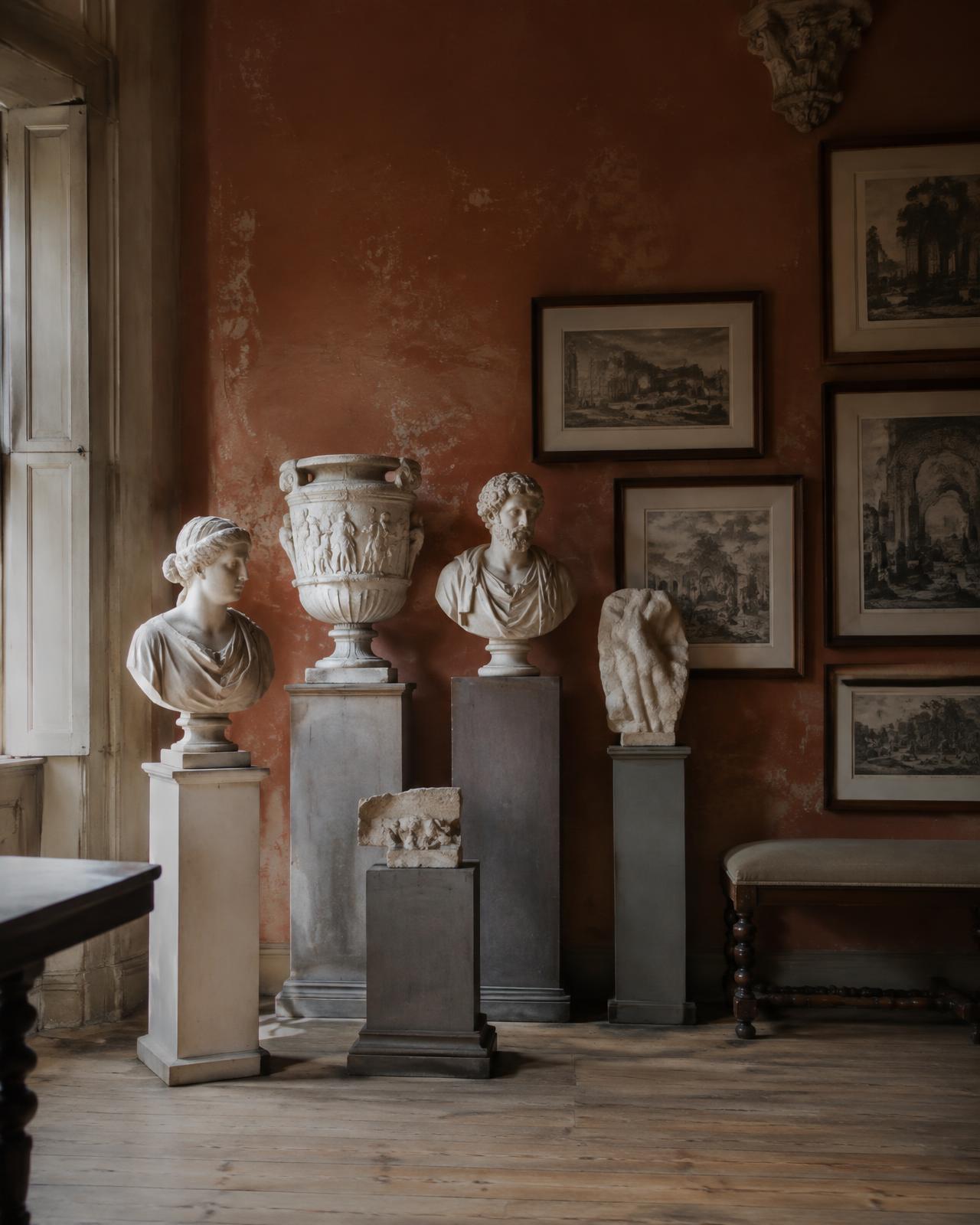 Marble busts and a carved urn on plinths before terracotta walls hung with Piranesi views