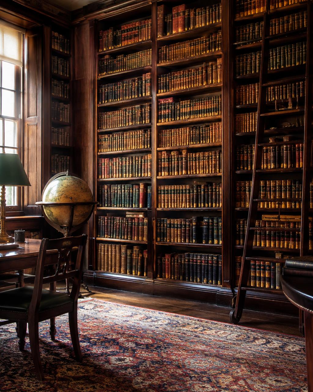 An antiquarian library with gilt-tooled bindings, a rolling ladder and a globe
