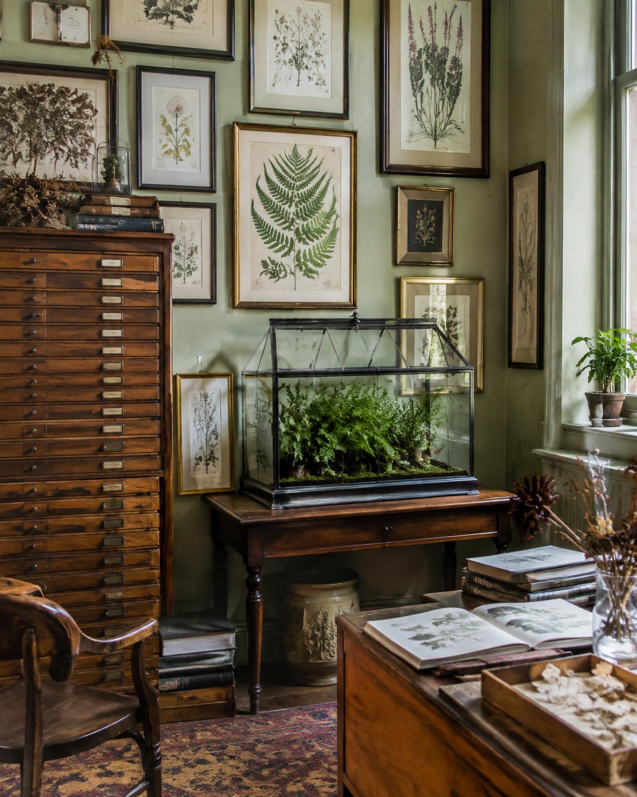 Botanical engravings crowded on a green wall above a Wardian case of ferns