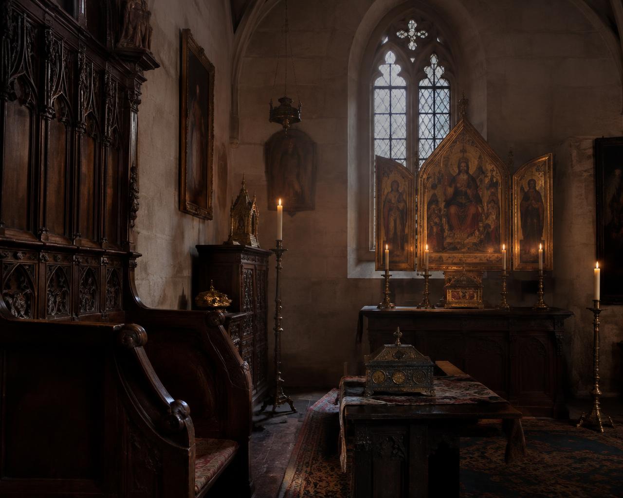 Carved oak choir stalls, brass altar candlesticks and a gilded triptych beneath a gothic window