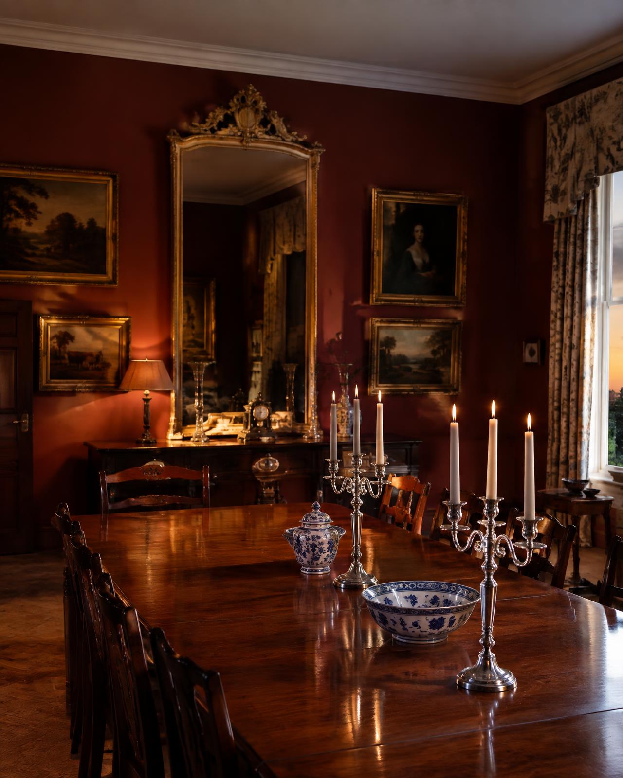 A long mahogany dining table set with silver candelabra beneath oxblood walls