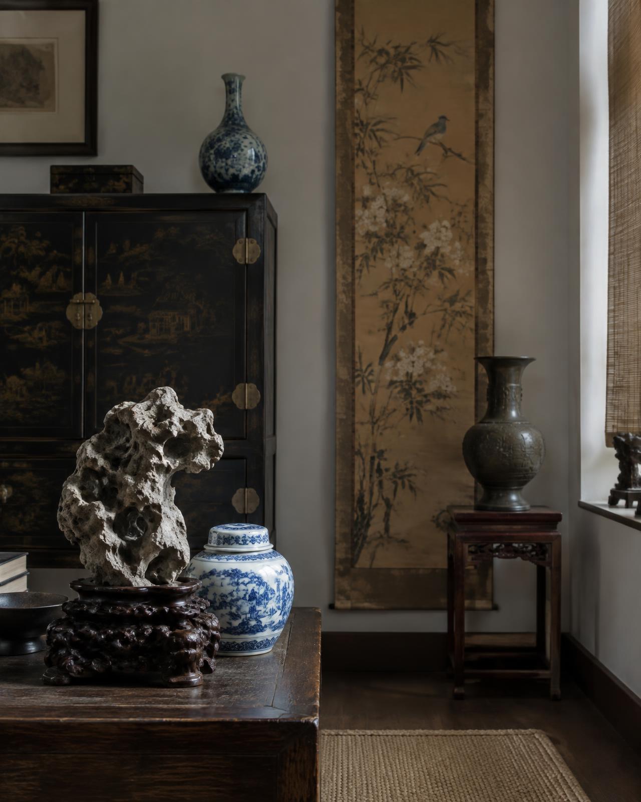 A scholar's rock, blue and white porcelain and a lacquer cabinet beside a silk scroll
