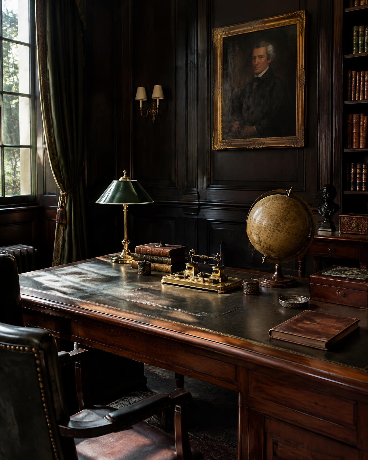 A leather-topped partners desk with brass inkstand, globe and green-shaded lamp