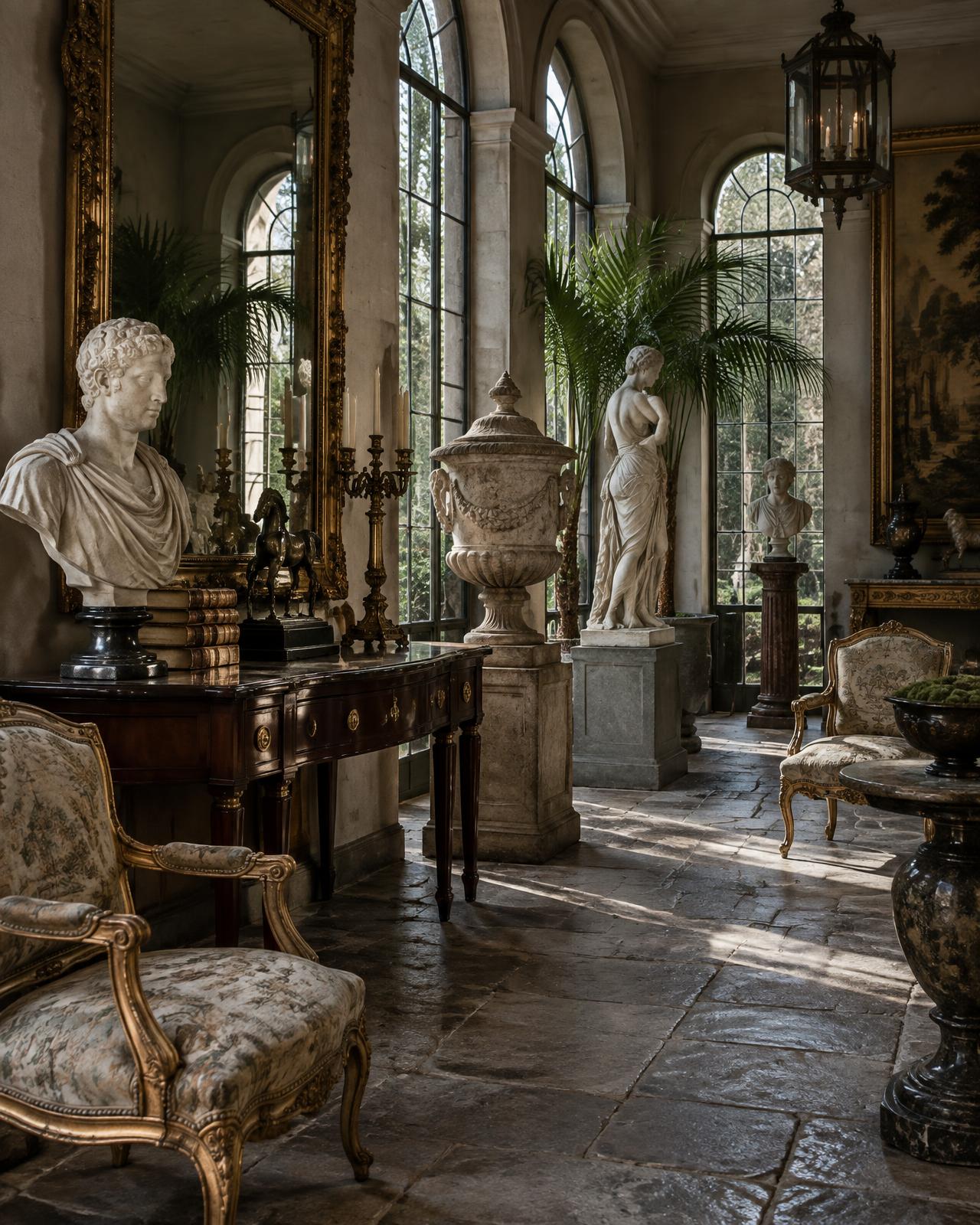 An orangerie of marble busts, a figure on a plinth, a stone urn, a mahogany console and giltwood chairs beneath tall arched windows