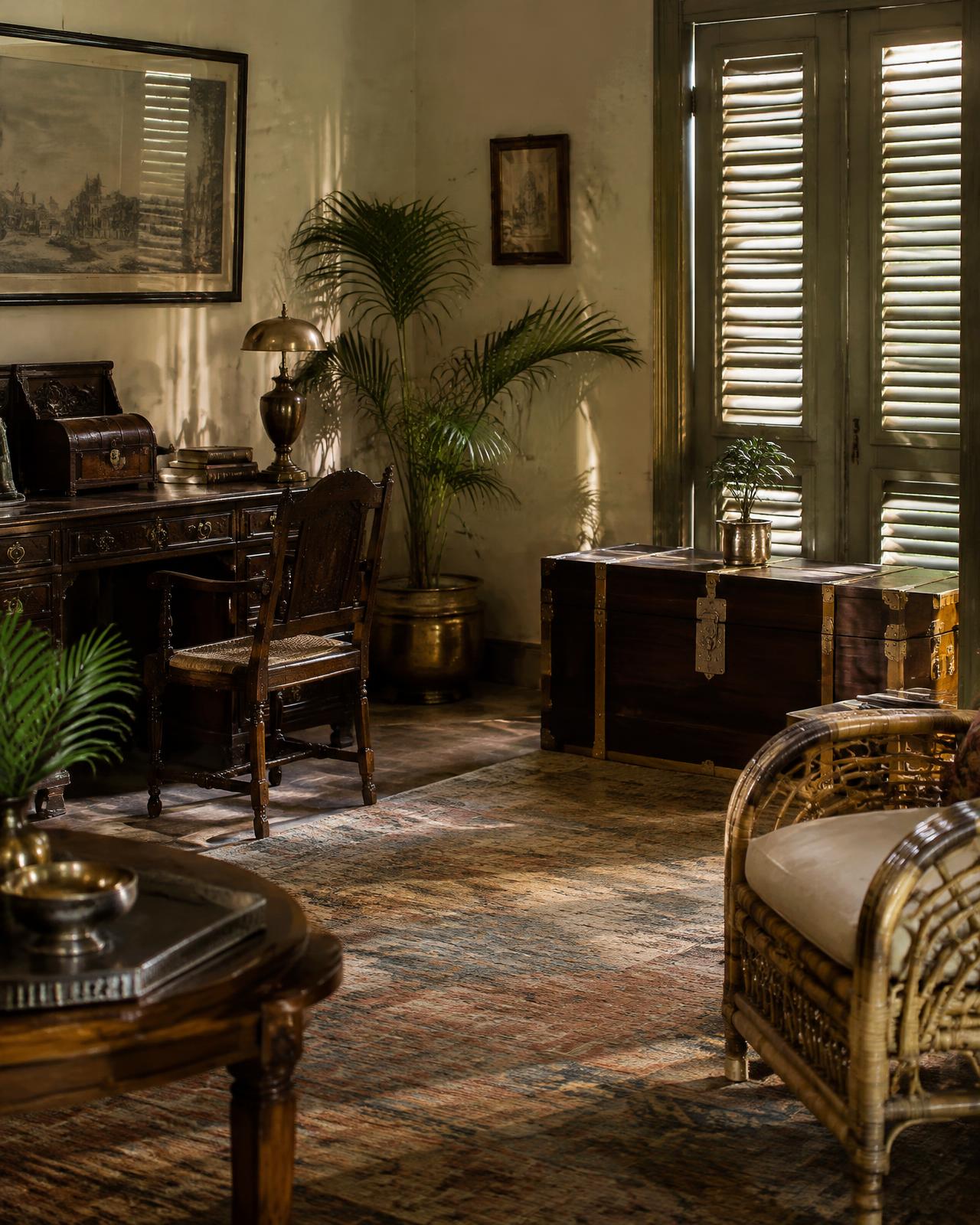 Anglo-Indian campaign furniture, a brass-bound chest and palms in slatted shutter light
